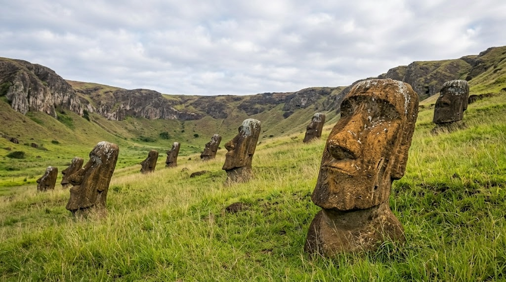 Cráter Rano Raraku con moái tallados en la ladera