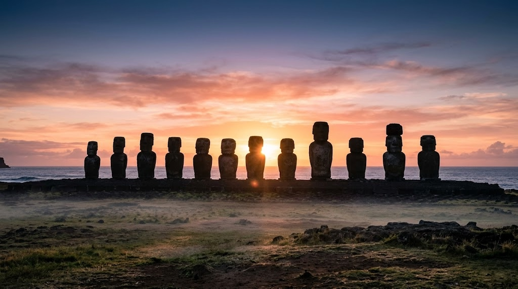 Ahu Tongariki al amanecer · 15 moái alineados