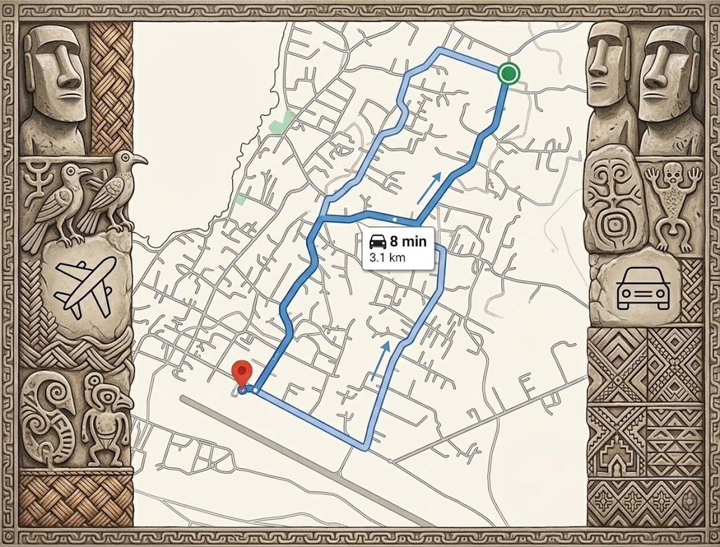 Mapa interactivo de Rapa Nui con la ubicación de Rangi Moana y puntos de interés cercanos